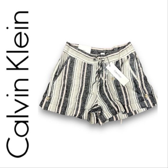 CALVIN KLEIN Gray Ivory Light Pink Stripe Hi Waist Shorts tie front/cuff hem 4 - Picture 2 of 16